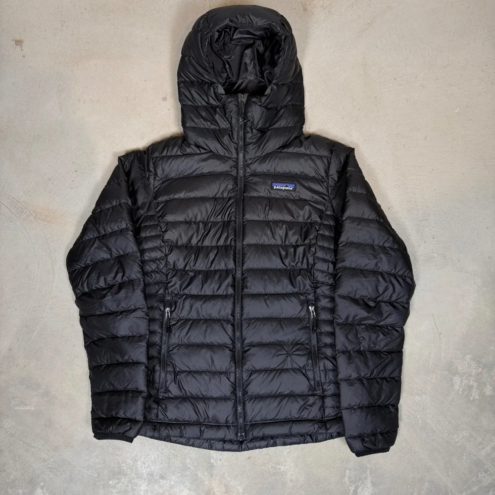 Patagonia Womens goose down Hoodie Black Puffer Jacket Size S Small repaired